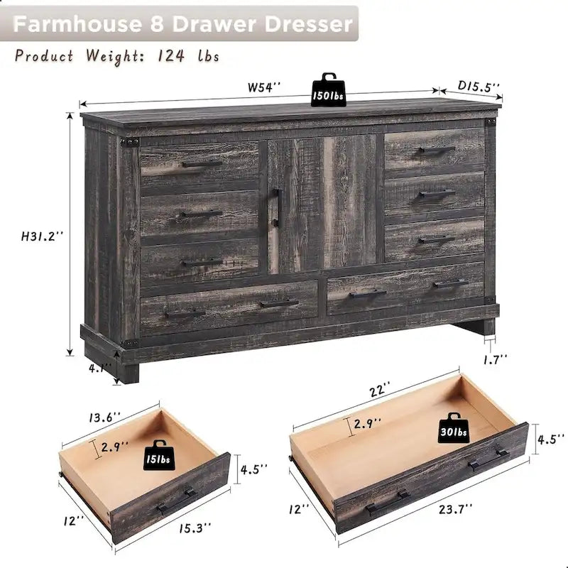 8 Drawer Wood Dresser Farmhouse Rustic Nailhead Chest of Drawers