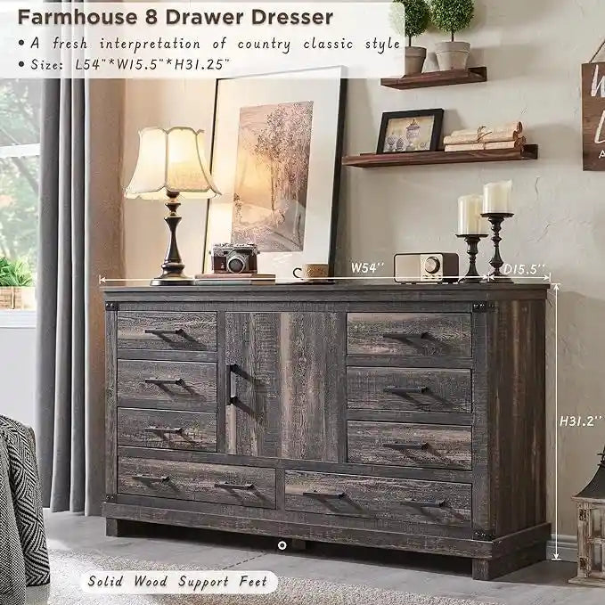 8 Drawer Wood Dresser Farmhouse Rustic Nailhead Chest of Drawers