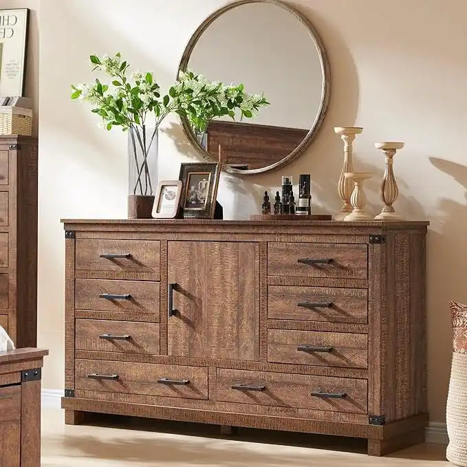 8 Drawer Wood Dresser Farmhouse Rustic Nailhead Chest of Drawers