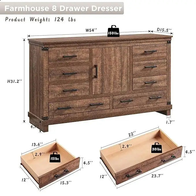 8 Drawer Wood Dresser Farmhouse Rustic Nailhead Chest of Drawers