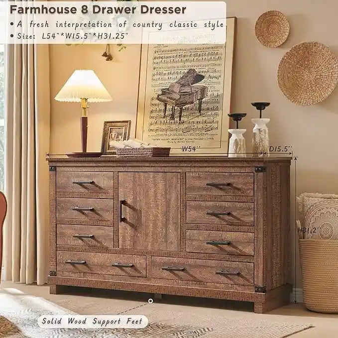 8 Drawer Wood Dresser Farmhouse Rustic Nailhead Chest of Drawers