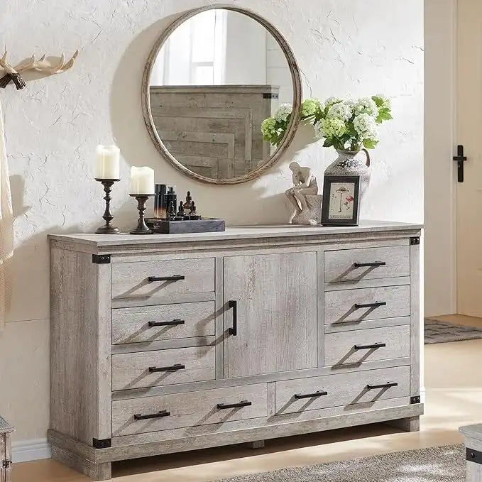 8 Drawer Wood Dresser Farmhouse Rustic Nailhead Chest of Drawers