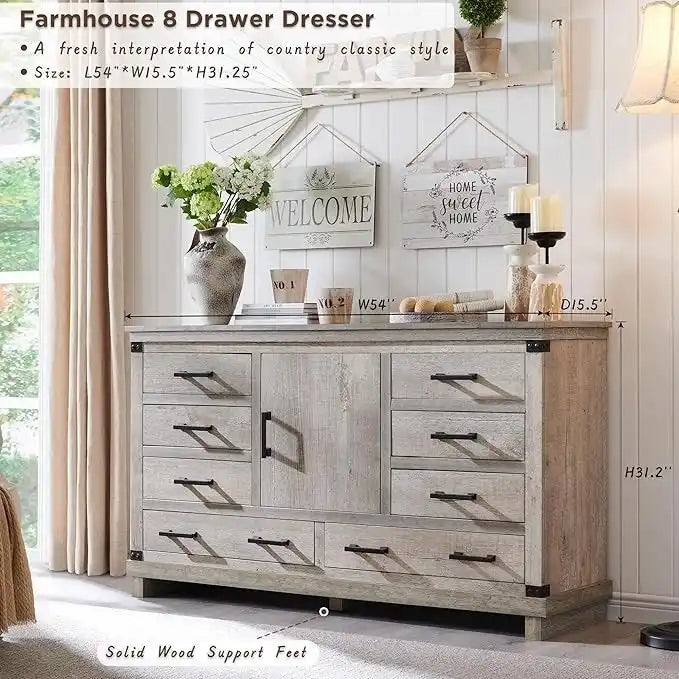 8 Drawer Wood Dresser Farmhouse Rustic Nailhead Chest of Drawers