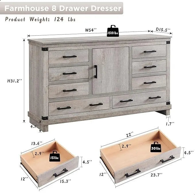 8 Drawer Wood Dresser Farmhouse Rustic Nailhead Chest of Drawers