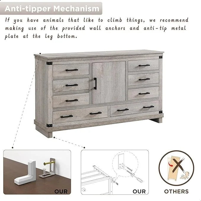 8 Drawer Wood Dresser Farmhouse Rustic Nailhead Chest of Drawers