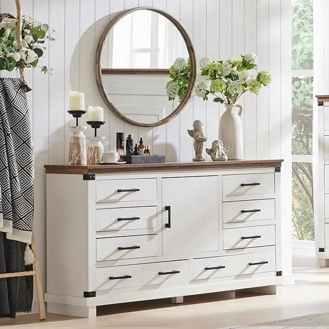 8 Drawer Wood Dresser Farmhouse Rustic Nailhead Chest of Drawers