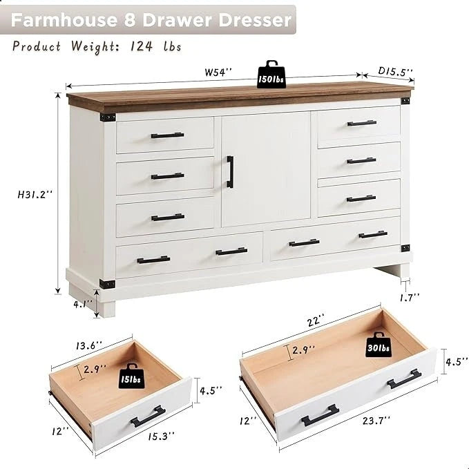 8 Drawer Wood Dresser Farmhouse Rustic Nailhead Chest of Drawers