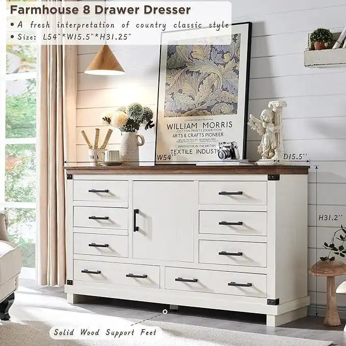 8 Drawer Wood Dresser Farmhouse Rustic Nailhead Chest of Drawers