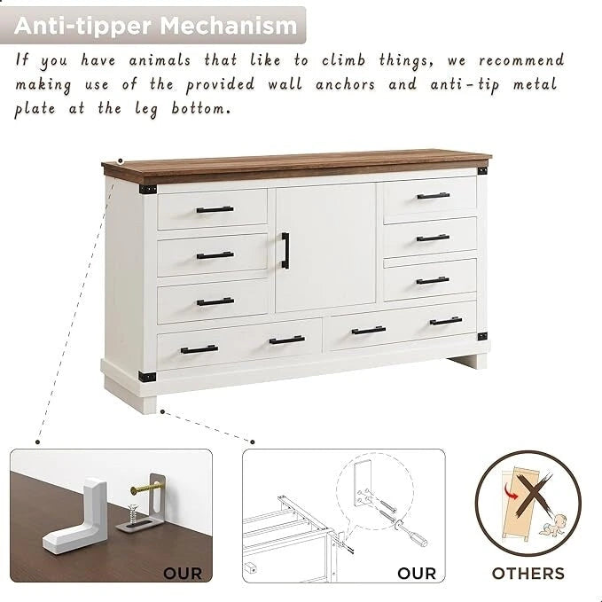 8 Drawer Wood Dresser Farmhouse Rustic Nailhead Chest of Drawers