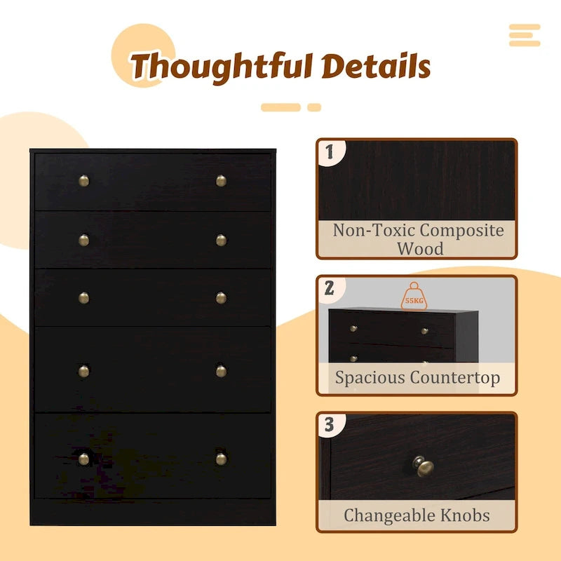 5-Drawer Chest Dresser Storage Organizer Bedroom Furniture Natural Espresso Black White