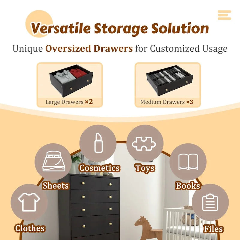 5-Drawer Chest Dresser Storage Organizer Bedroom Furniture Natural Espresso Black White