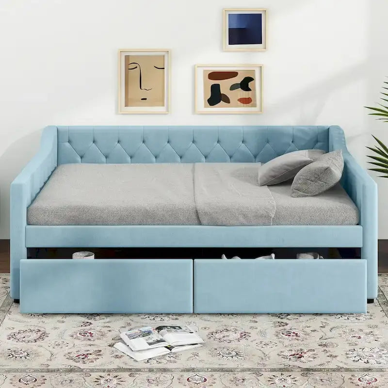 Blue Velvet Tufted Upholstered Daybed with Storage Drawers