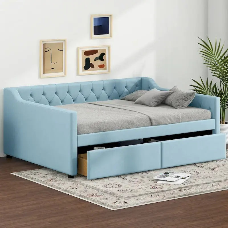 Lit de repos capitonné en velours bleu avec tiroirs de rangement