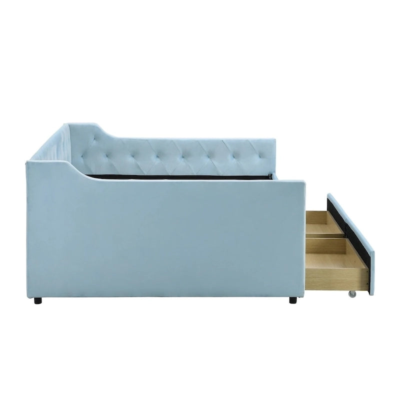 Lit de repos capitonné en velours bleu avec tiroirs de rangement