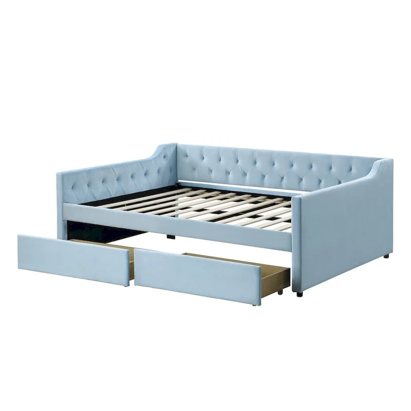 Lit de repos capitonné en velours bleu avec tiroirs de rangement