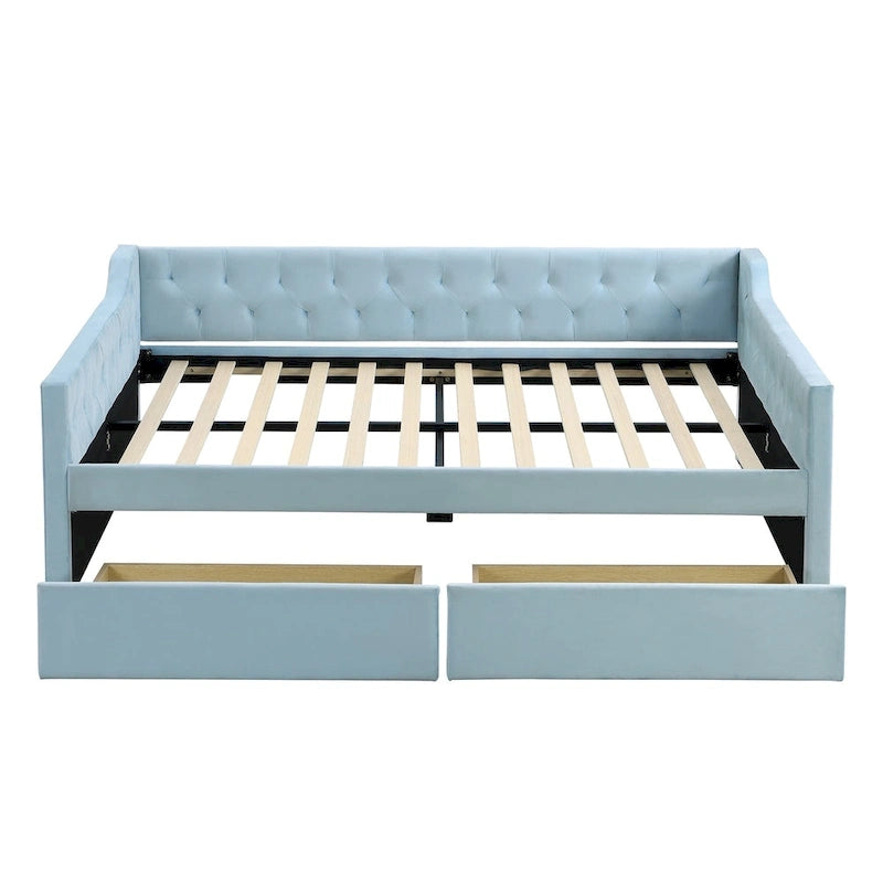 Lit de repos capitonné en velours bleu avec tiroirs de rangement