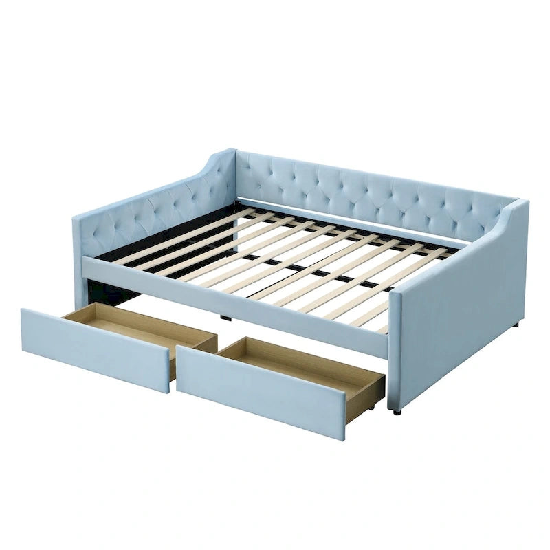 Lit de repos capitonné en velours bleu avec tiroirs de rangement
