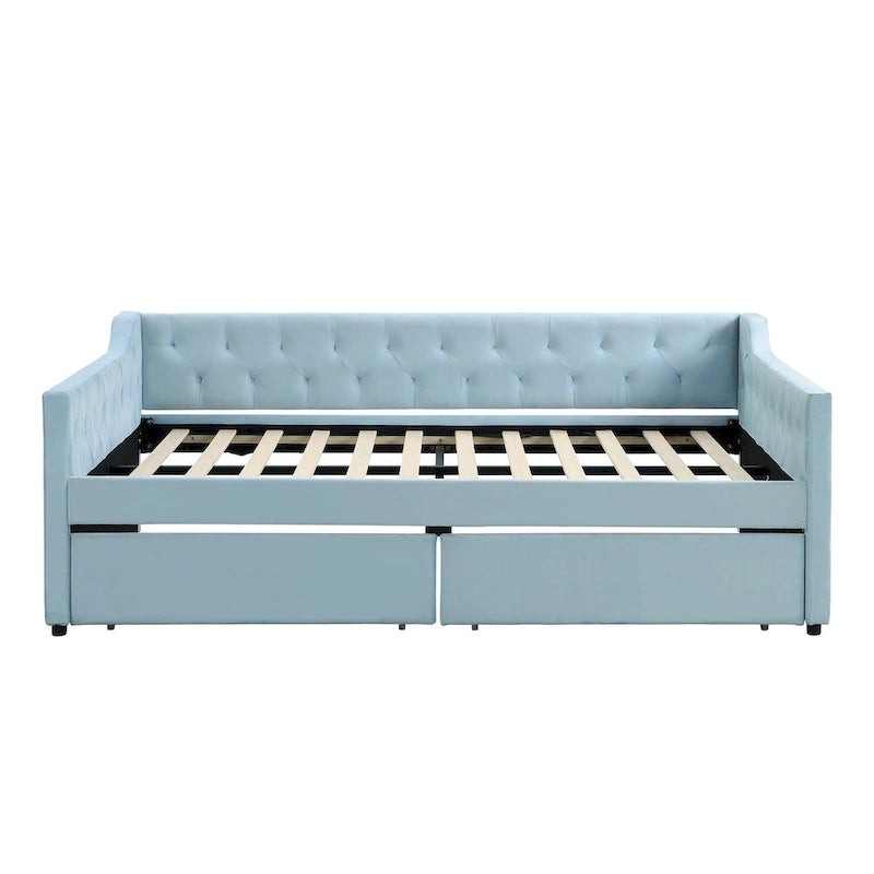 Lit de repos capitonné en velours bleu avec tiroirs de rangement