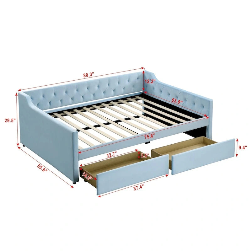 Lit de repos capitonné en velours bleu avec tiroirs de rangement
