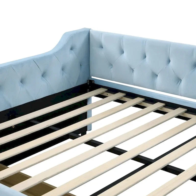 Lit de repos capitonné en velours bleu avec tiroirs de rangement