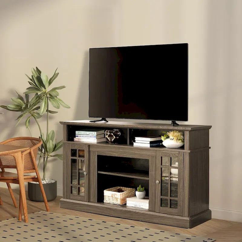 Meuble TV classique avec rangements ouverts et fermés, finition gris foncé expresso