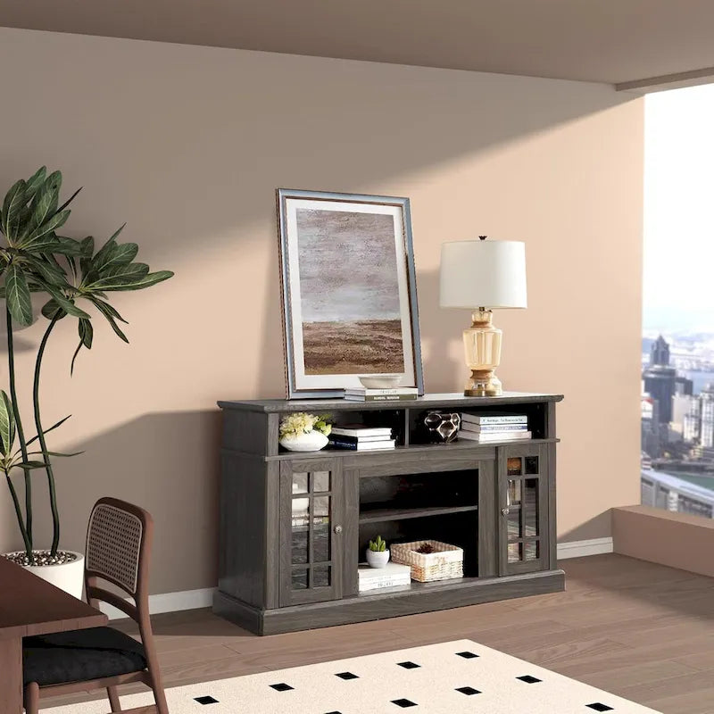 Meuble TV classique avec rangements ouverts et fermés, finition gris foncé expresso