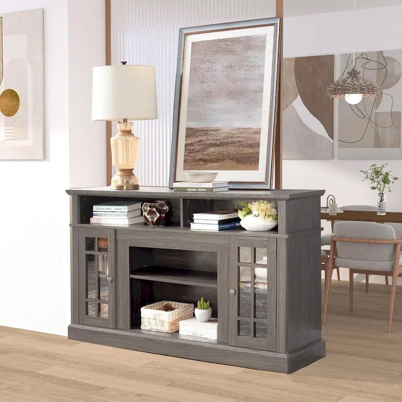 Meuble TV classique avec rangements ouverts et fermés, finition gris foncé expresso