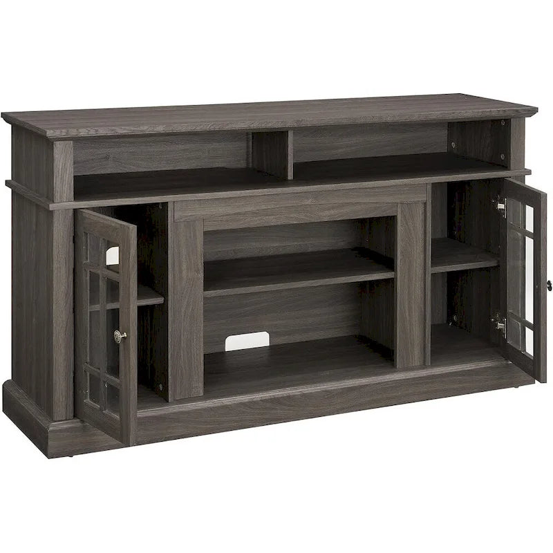 Meuble TV classique avec rangements ouverts et fermés, finition gris foncé expresso