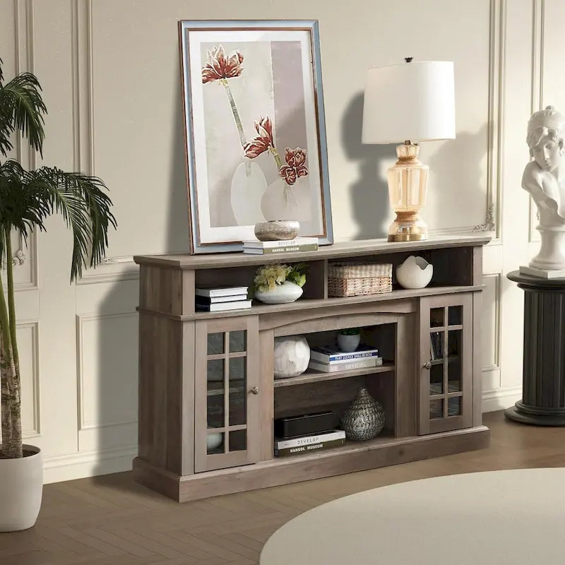 Meuble TV classique avec rangements ouverts et fermés, finition gris foncé expresso