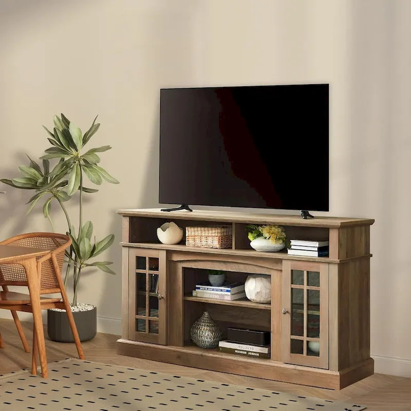 Meuble TV classique avec rangements ouverts et fermés, finition gris foncé expresso