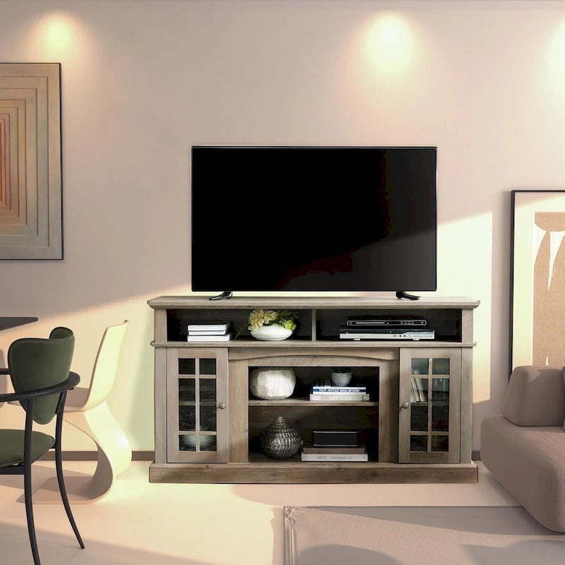 Meuble TV classique avec rangements ouverts et fermés, finition gris foncé expresso