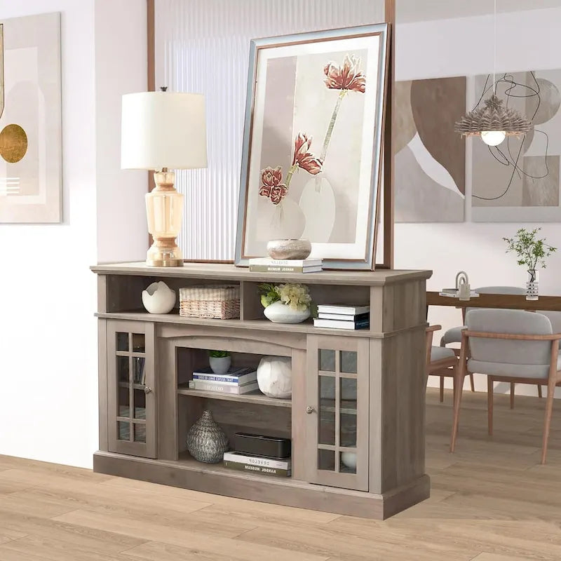 Meuble TV classique avec rangements ouverts et fermés, finition gris foncé expresso
