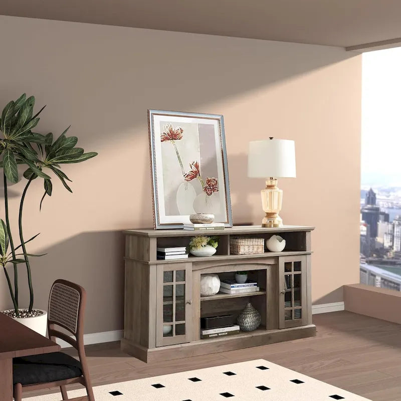 Meuble TV classique avec rangements ouverts et fermés, finition gris foncé expresso