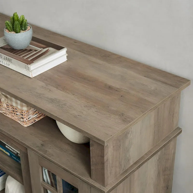 Meuble TV classique avec rangements ouverts et fermés, finition gris foncé expresso