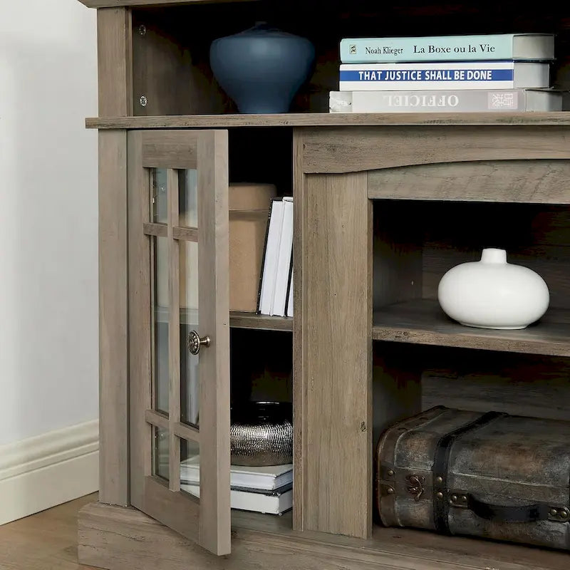 Meuble TV classique avec rangements ouverts et fermés, finition gris foncé expresso