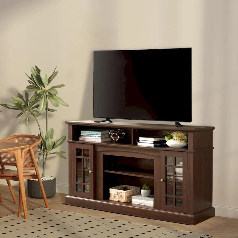 Meuble TV classique avec rangements ouverts et fermés, finition gris foncé expresso