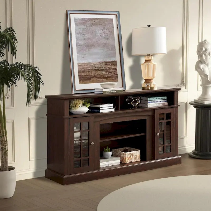 Meuble TV classique avec rangements ouverts et fermés, finition gris foncé expresso