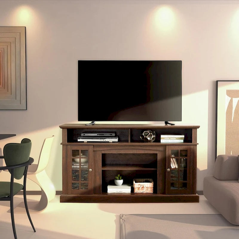 Meuble TV classique avec rangements ouverts et fermés, finition gris foncé expresso