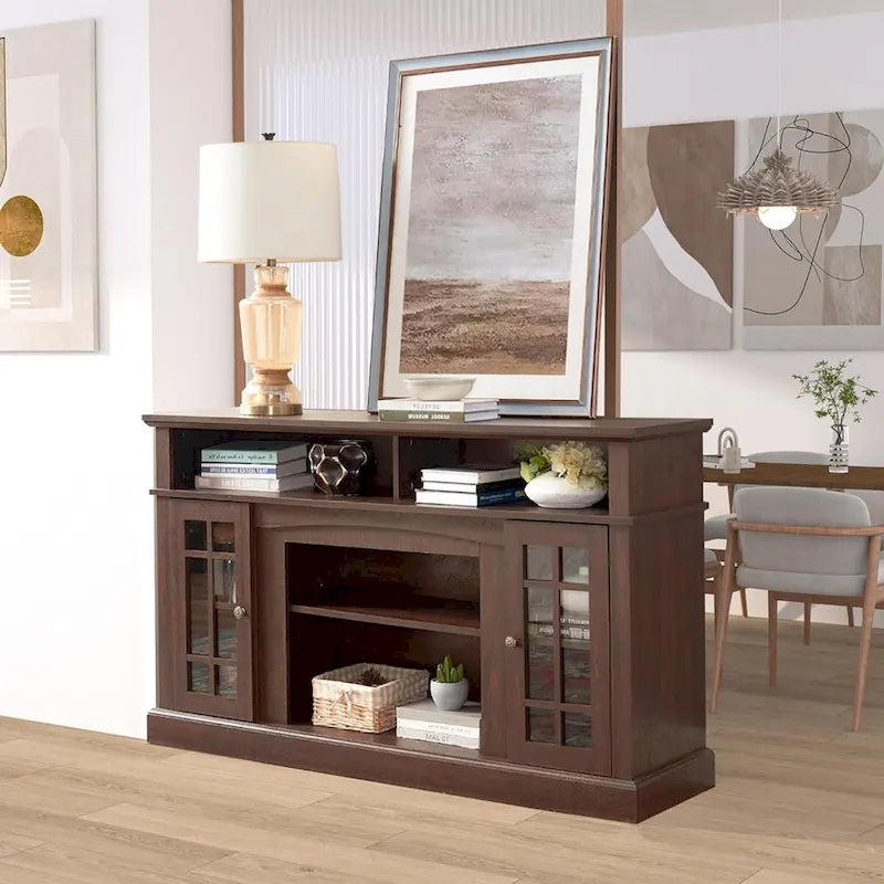 Meuble TV classique avec rangements ouverts et fermés, finition gris foncé expresso