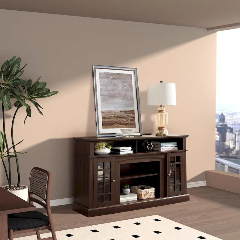 Meuble TV classique avec rangements ouverts et fermés, finition gris foncé expresso