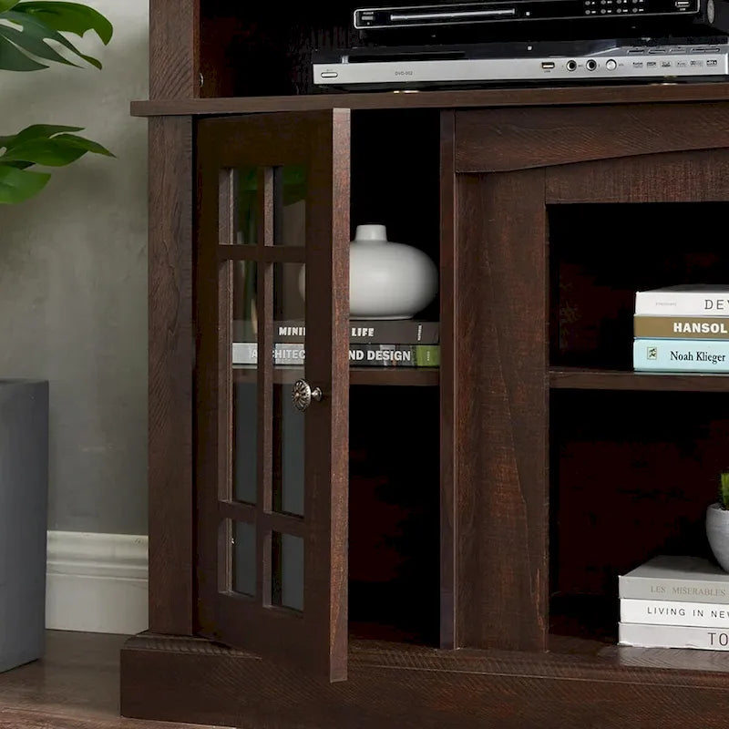 Meuble TV classique avec rangements ouverts et fermés, finition gris foncé expresso