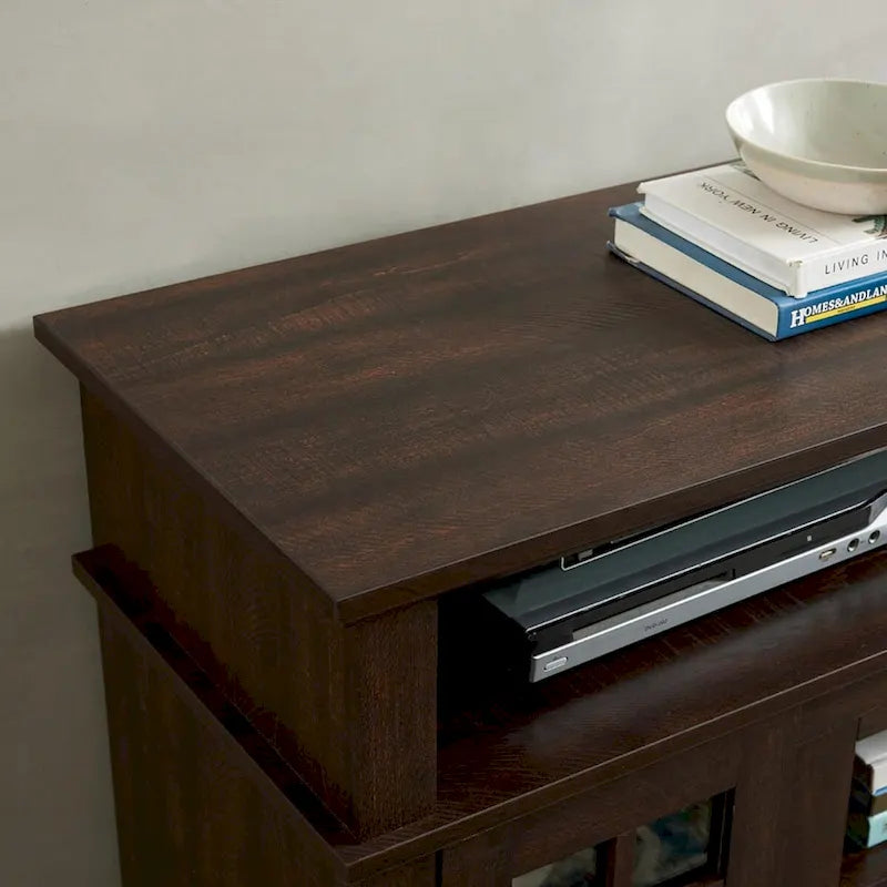 Meuble TV classique avec rangements ouverts et fermés, finition gris foncé expresso