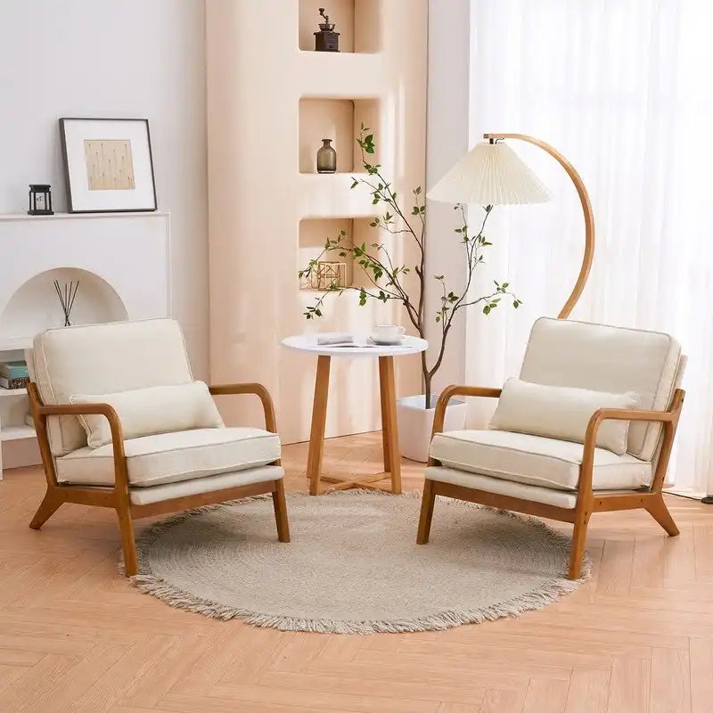 Fauteuil d'appoint moderniste en lin blanc cassé avec accoudoirs en bois massif