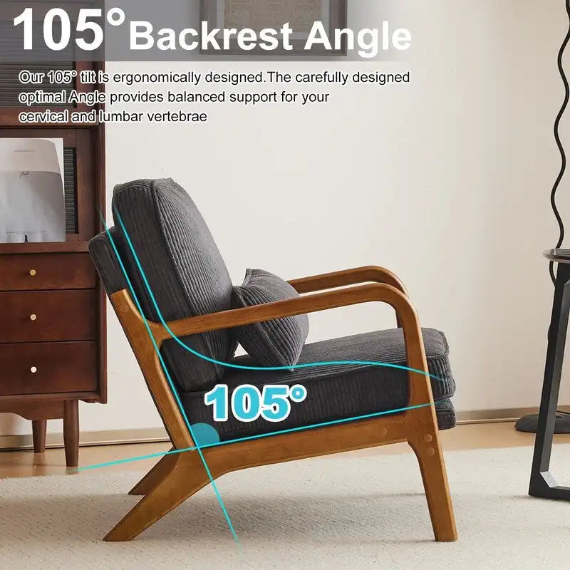 Mid-Century Modern Off-White Linen Accent Chair with Solid Wood Armrests