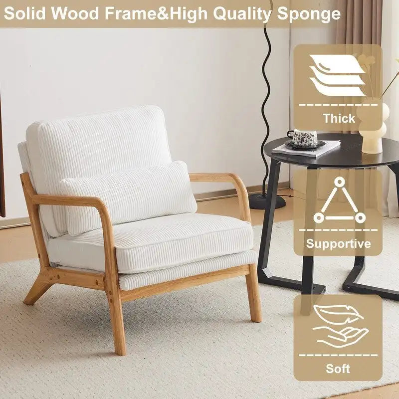 Fauteuil d'appoint moderniste en lin blanc cassé avec accoudoirs en bois massif
