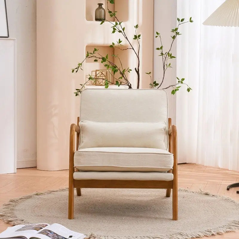 Fauteuil d'appoint moderniste en lin blanc cassé avec accoudoirs en bois massif