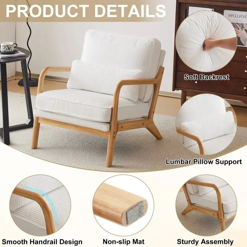 Fauteuil d'appoint moderniste en lin blanc cassé avec accoudoirs en bois massif