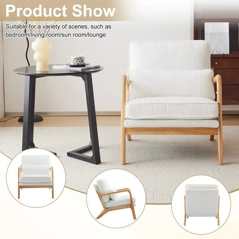 Fauteuil d'appoint moderniste en lin blanc cassé avec accoudoirs en bois massif