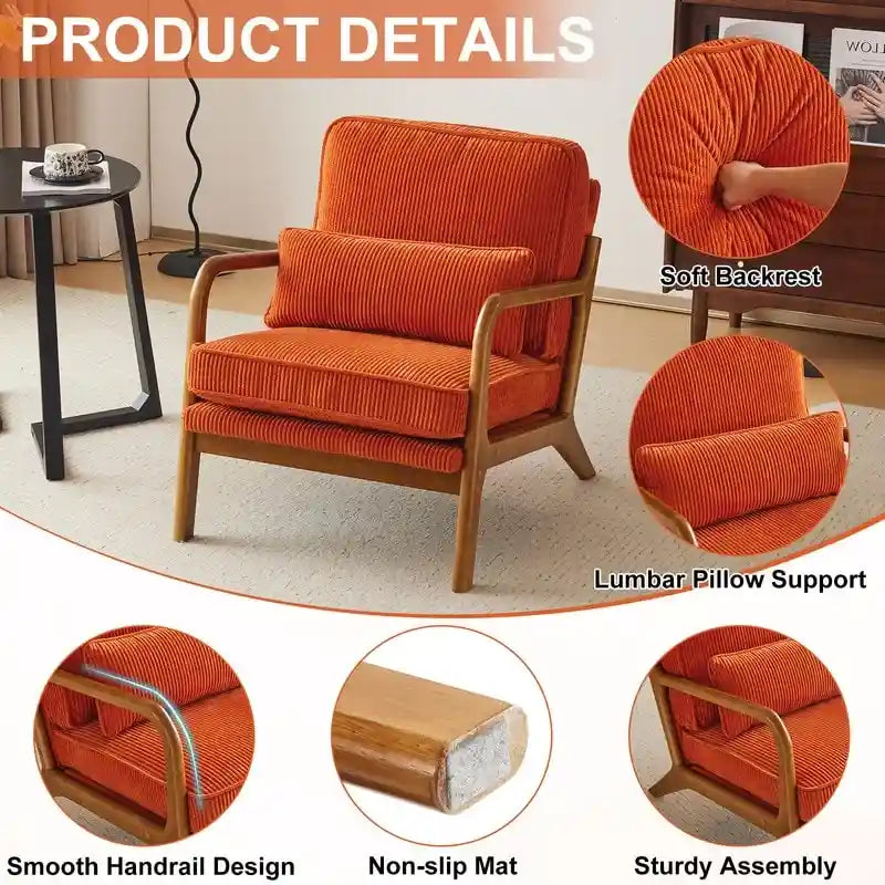 Fauteuil d'appoint moderniste en lin blanc cassé avec accoudoirs en bois massif