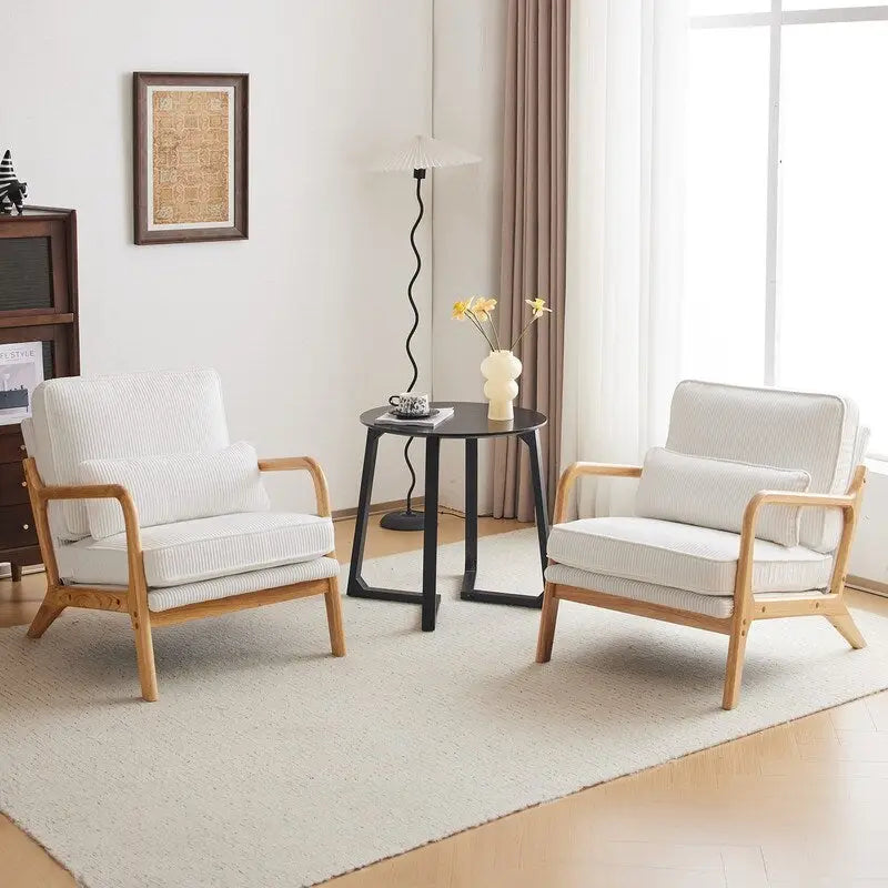 Fauteuil d'appoint moderniste en lin blanc cassé avec accoudoirs en bois massif